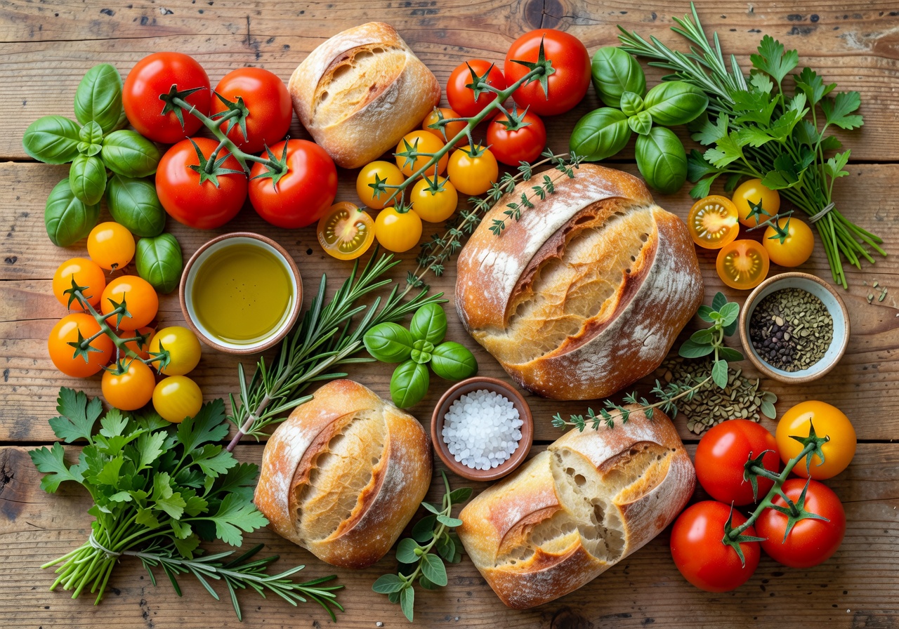 Beautiful overhead spread of Mediterranean cooking ingredients, tomatoes, herbs, and bread