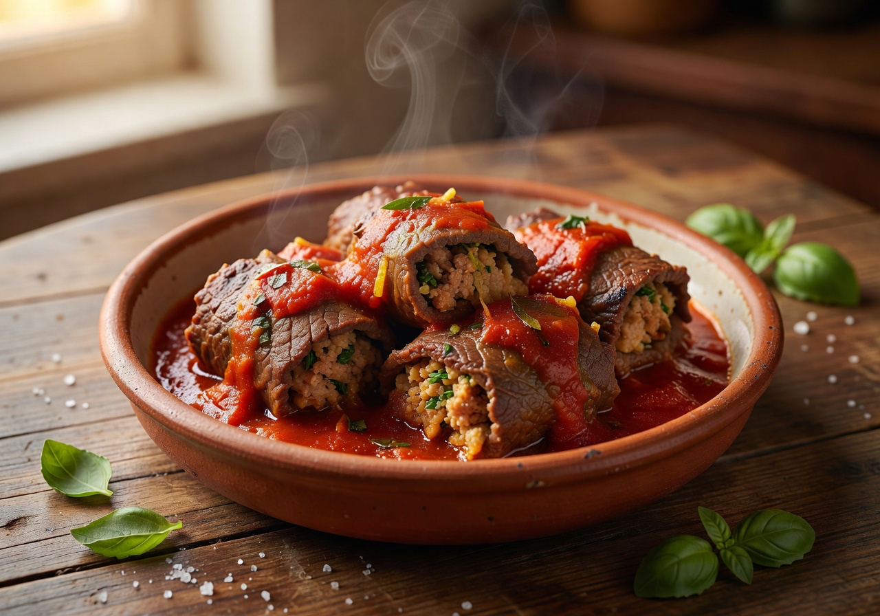 Delicious Maltese Bragioli beef rolls in rich tomato sauce