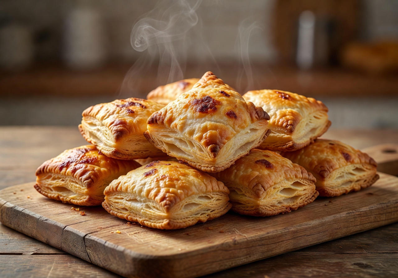 Freshly baked Maltese Pastizzi on a wooden board