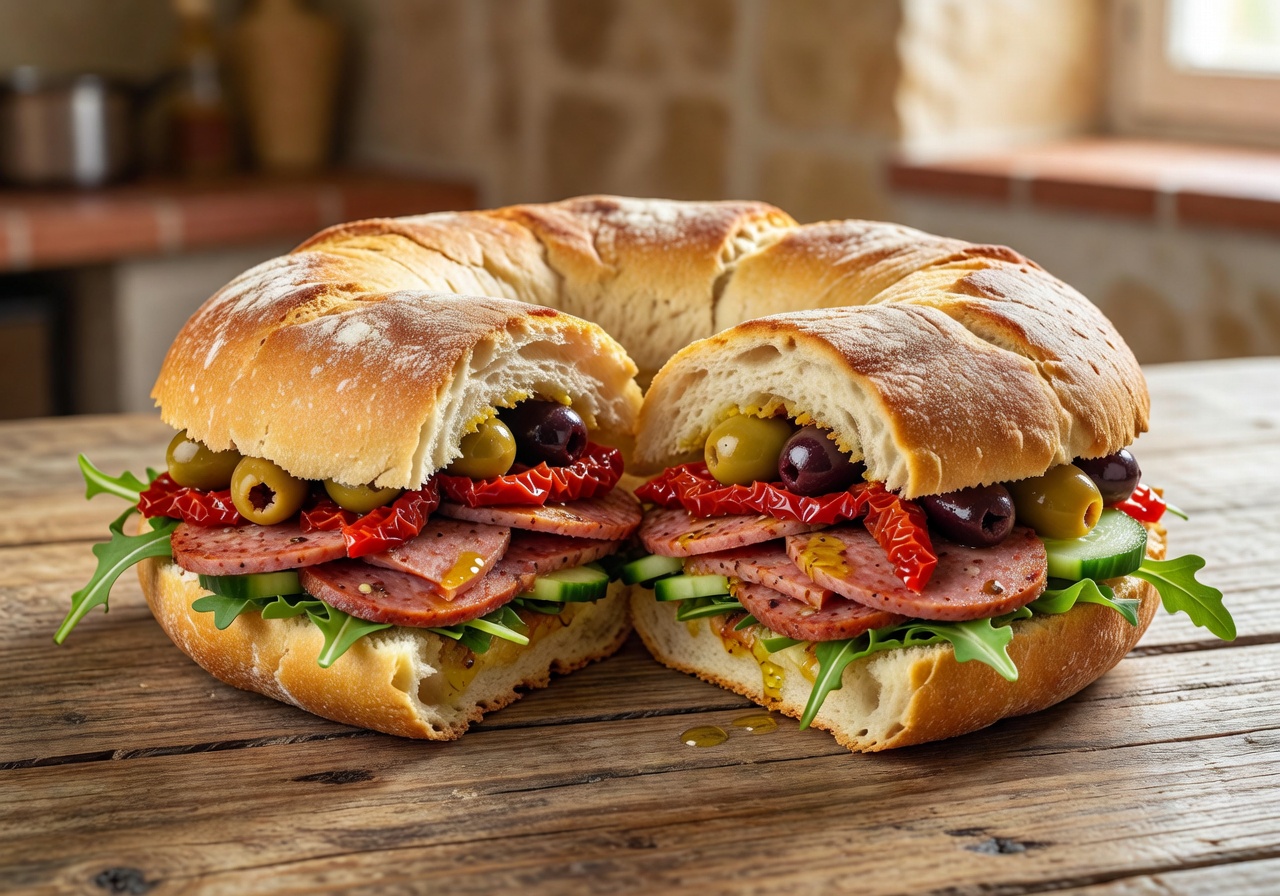 Freshly prepared Maltese Ftira sandwich sliced open
