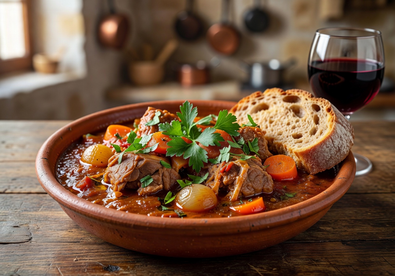 Rich traditional Maltese Fenkata rabbit stew with wine and herbs