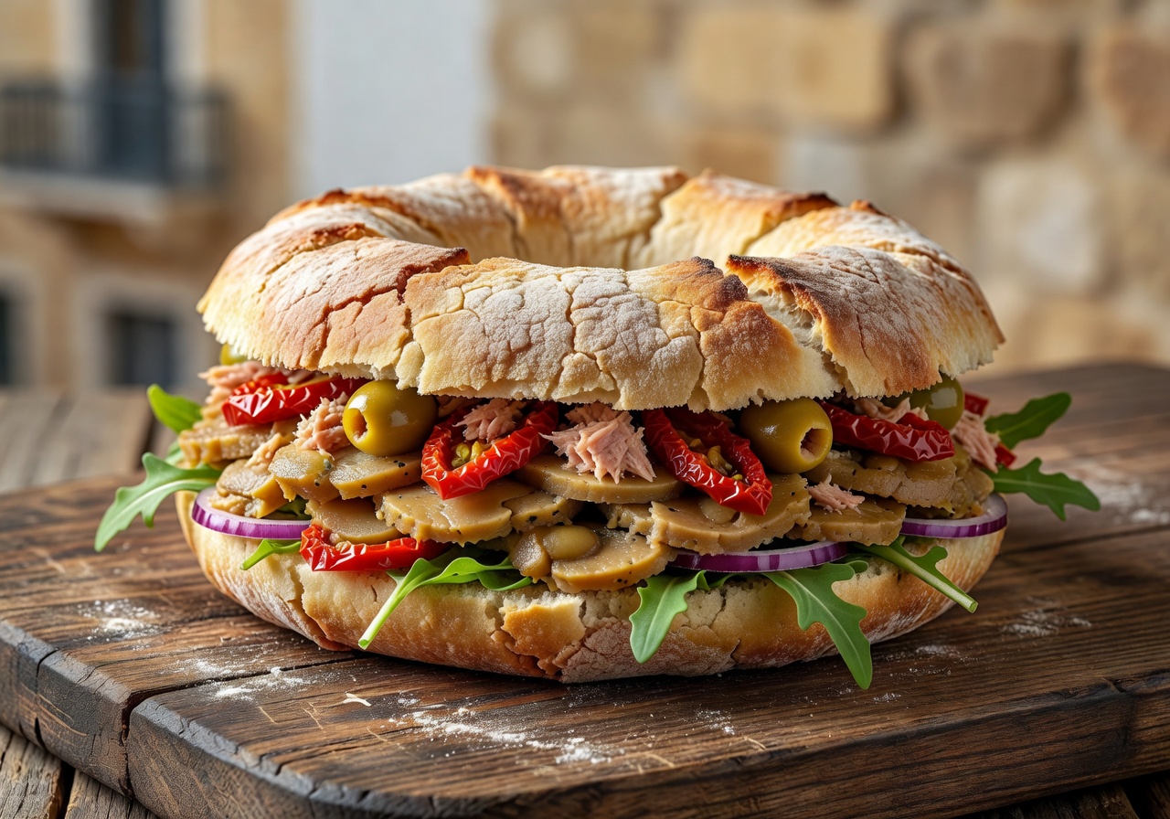 Fresh Maltese Ftira sandwich with tuna, tomatoes, and olive oil