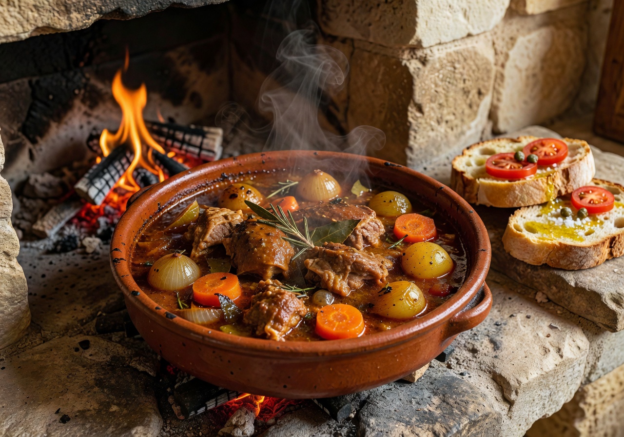 Traditional Maltese Fenkata rabbit stew simmering in a pan